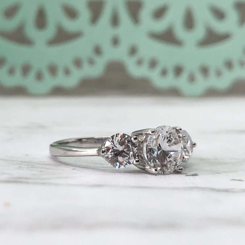 Three Stone Diamond Ring Engagement Ring Simple Minimalist Ring Silver Tri-Stone Ring Proposal Ring