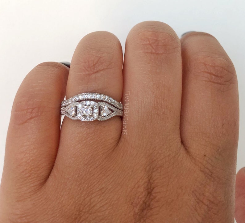 Art Deco Engagement Ring Set Eternity Band Eternity Minimalist Ring Set Art Deco Engagement Set Eternity Band Round Diamond Milgrain Set