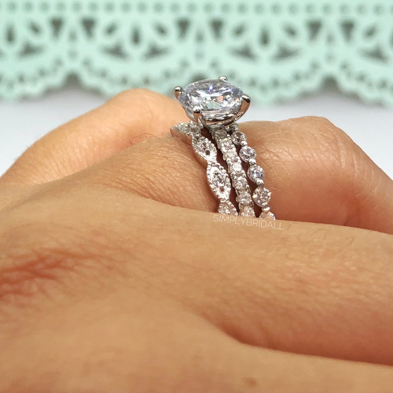 2.00ct Moissanite Art Deco Engagement Ring Set, 3 Ring Solitaire Ring Twisted Band Set, Solitaire Art Deco Engagement Set, Eternity Band