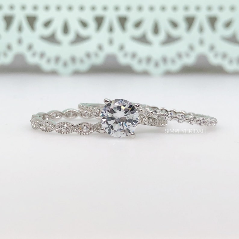 2.00ct Moissanite Art Deco Engagement Ring Set, 3 Ring Solitaire Ring Twisted Band Set, Solitaire Art Deco Engagement Set, Eternity Band
