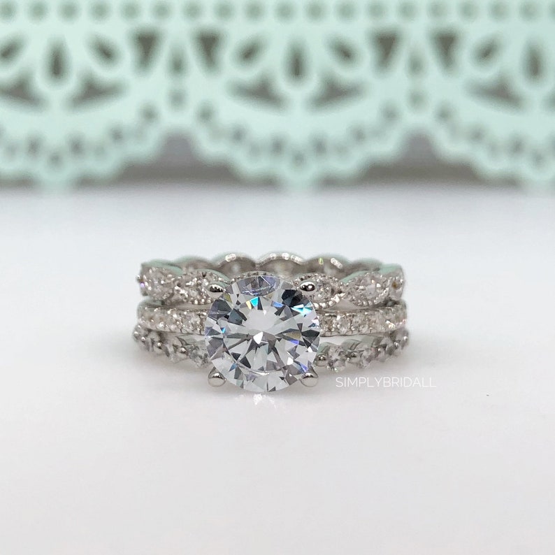 2.00ct Moissanite Art Deco Engagement Ring Set, 3 Ring Solitaire Ring Twisted Band Set, Solitaire Art Deco Engagement Set, Eternity Band