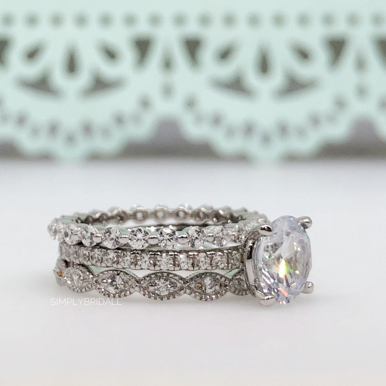 2.00ct Moissanite Art Deco Engagement Ring Set, 3 Ring Solitaire Ring Twisted Band Set, Solitaire Art Deco Engagement Set, Eternity Band