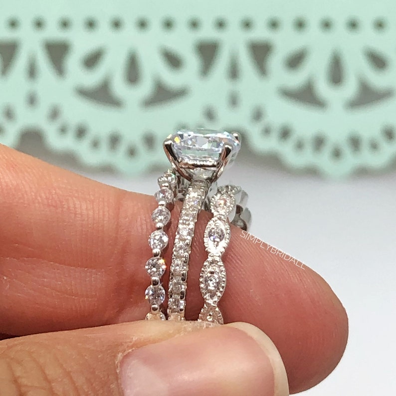 2.00ct Moissanite Art Deco Engagement Ring Set, 3 Ring Solitaire Ring Twisted Band Set, Solitaire Art Deco Engagement Set, Eternity Band