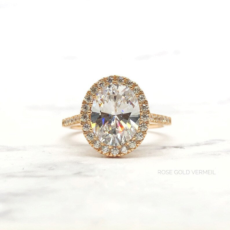 3.50ct Oval Diamond Halo Engagement Ring, Simulated Diamond Oval Halo Ring, Oval Statement Ring, Sterling Silver, Gold Vermeil / OLIVIA
