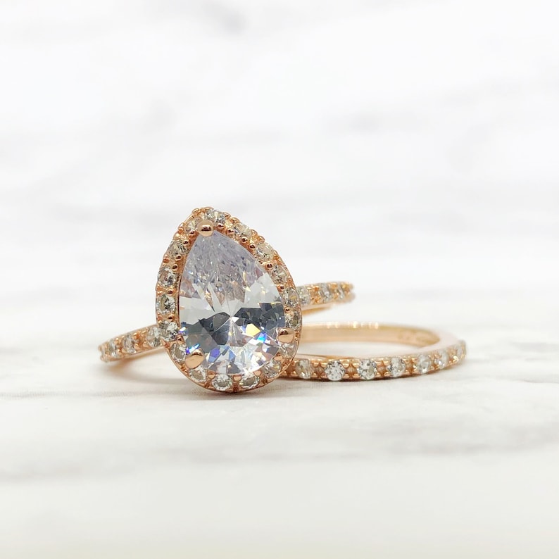 2.00ct Pear Shape Halo Ring Set, Pear Proposal Ring, Teardrop Wedding Ring, Promise Ring Pear Diamond Ring, Pear Engagement Ring