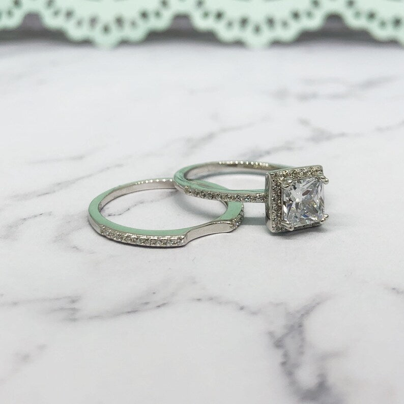1.25ct Princess Diamond Engagement Ring Set, Half Eternity Fitted Band, Square Halo Diamond Ring, Minimalist Princess Cut Wedding Ring