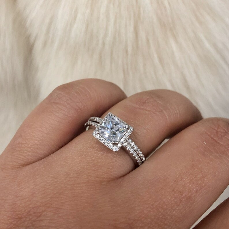 1.25ct Princess Diamond Engagement Ring Set, Half Eternity Fitted Band, Square Halo Diamond Ring, Minimalist Princess Cut Wedding Ring