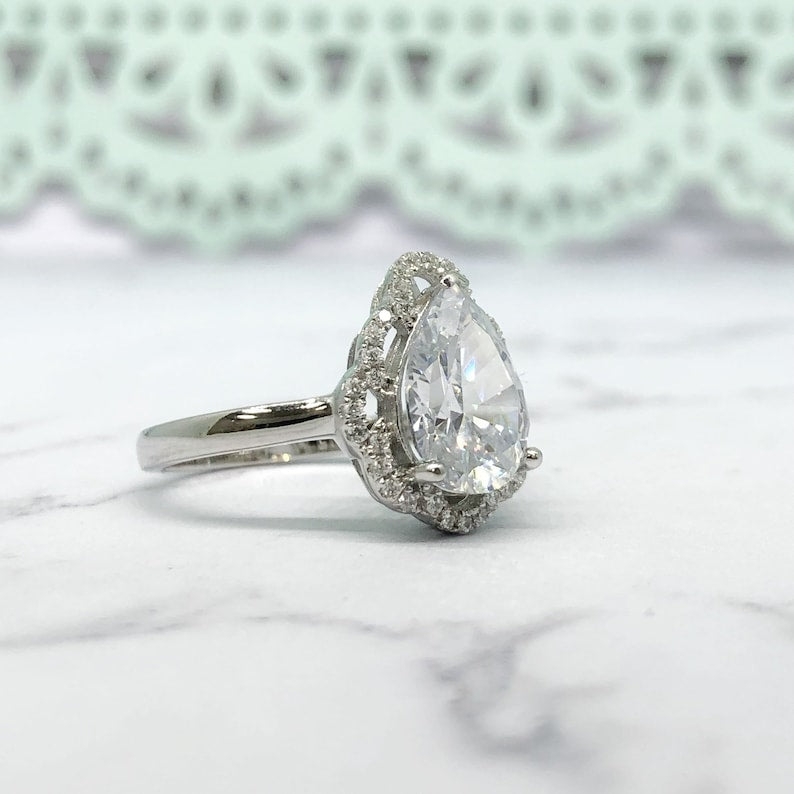 3.00ct Pear Art Deco Halo Engagement Ring, Pear Art Deco Proposal Ring, Simulated Diamond, Sterling Silver, Bridal Ring Art Deco Ring