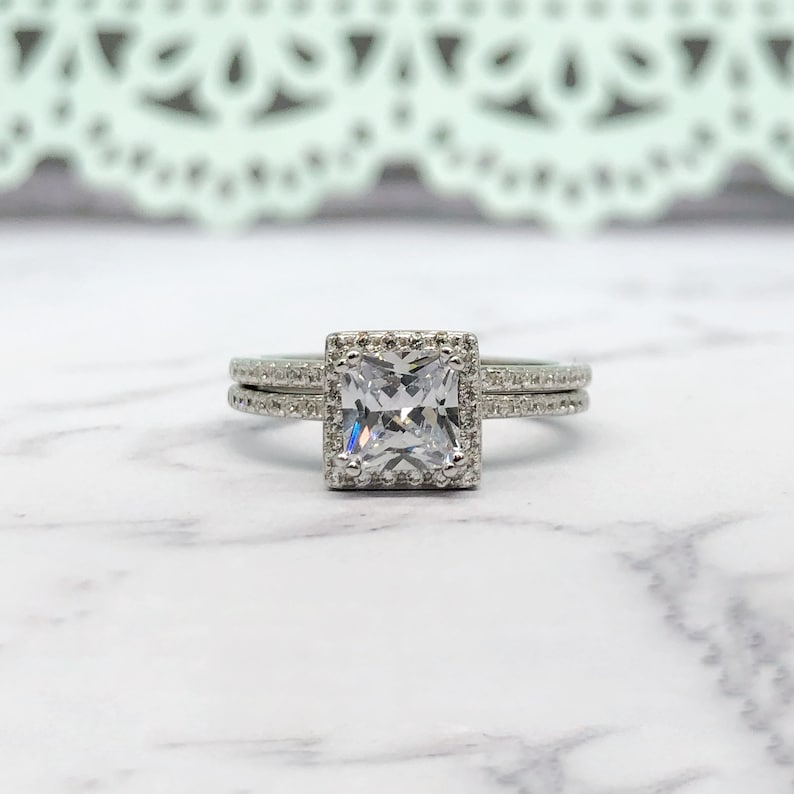 1.25ct Princess Diamond Engagement Ring Set, Half Eternity Fitted Band, Square Halo Diamond Ring, Minimalist Princess Cut Wedding Ring