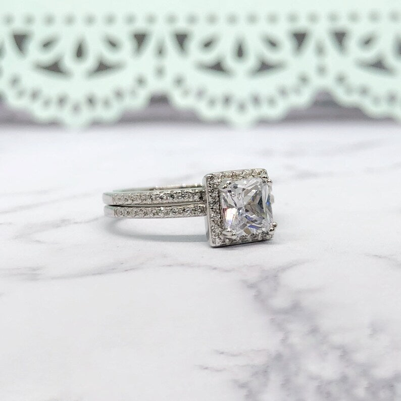 1.25ct Princess Diamond Engagement Ring Set, Half Eternity Fitted Band, Square Halo Diamond Ring, Minimalist Princess Cut Wedding Ring