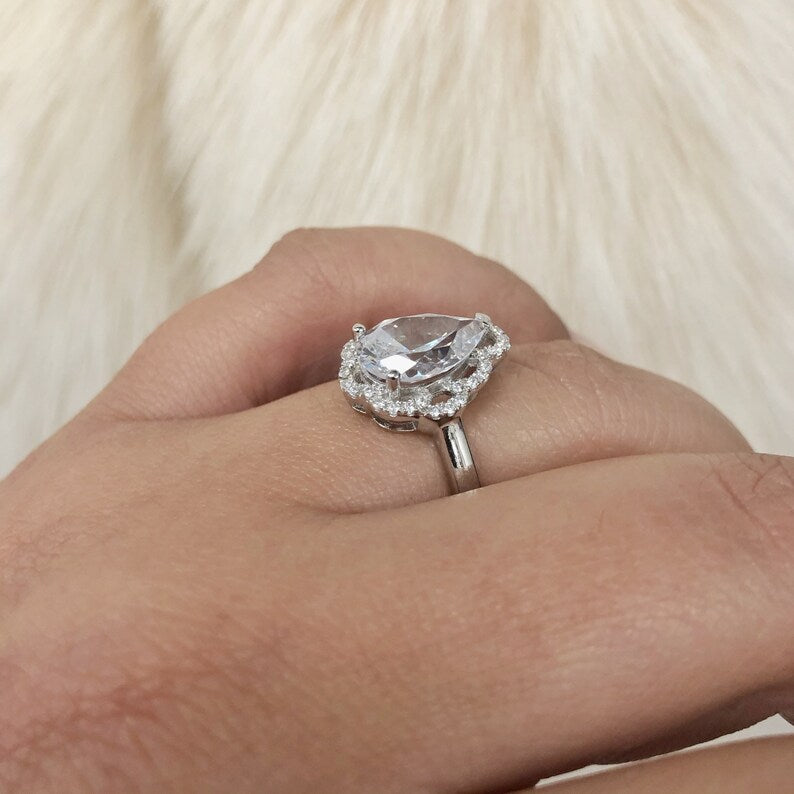 3.00ct Pear Art Deco Halo Engagement Ring, Pear Art Deco Proposal Ring, Simulated Diamond, Sterling Silver, Bridal Ring Art Deco Ring