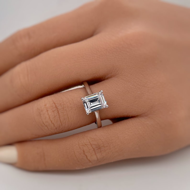 1.75ct Emerald Cut Engagement Ring, Emerald Solitaire Ring, Simulated Diamonds, Sterling Silver, Gold, Rose Gold Vermeil, Dainty Minimalist
