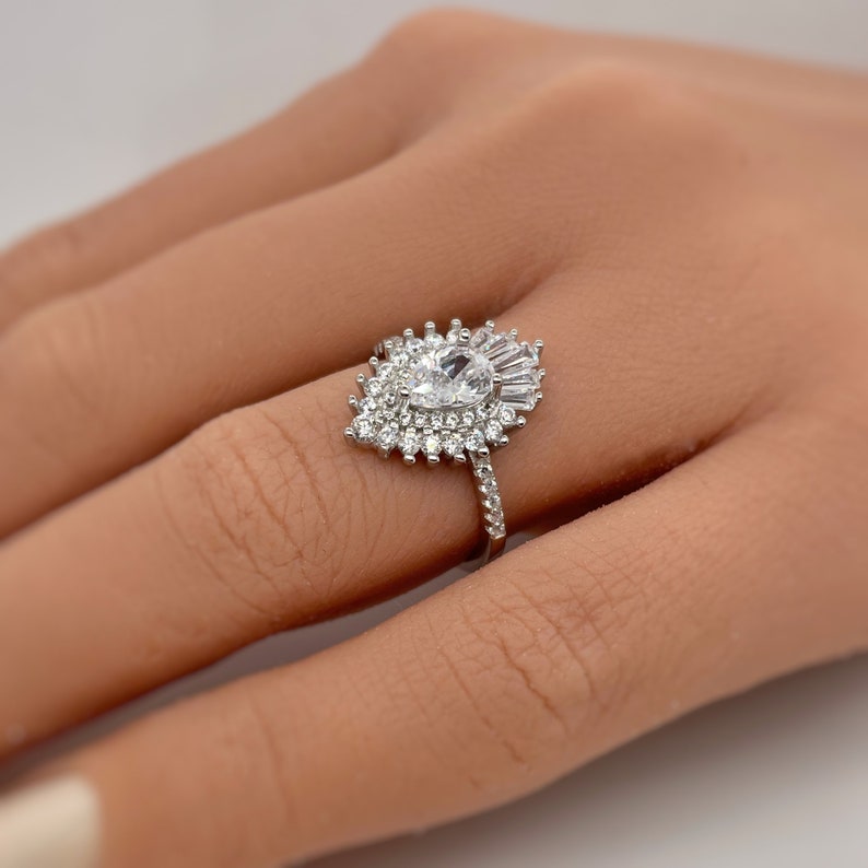 Pear Art Deco Cluster Engagement Ring, Pear Baguette Cluster, Wedding Ring, Simulated Diamonds, Bridal Ring Art Deco