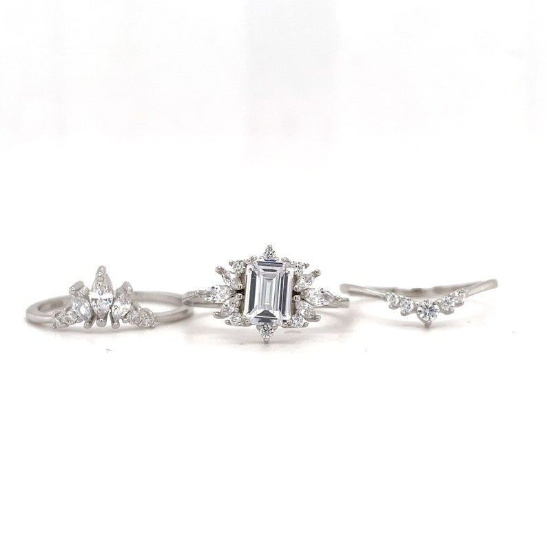 1.00ct Emerald Cut Ring Set, 3 Ring Set, Fitted Marquise V Bands, Simulated Diamonds, Sterling Silver with Vermeil, Minimalist Set