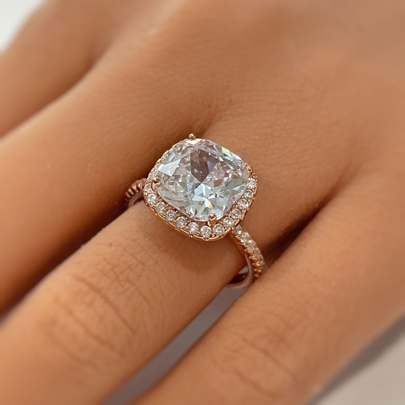 5.00ct Diamond Cushion Cut Engagement Ring, Cushion Halo Wedding Ring, Cushion Simulated Diamond Ring, Sterling Silver with Vermeil