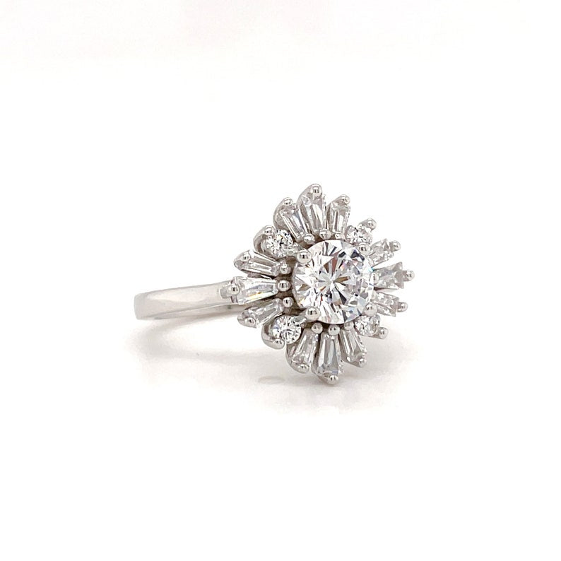 Art Deco Cluster Engagement Ring Baguette Cluster, Wedding Ring Simulated Diamond Flower engagement Ring Art Deco Snowflake Ring