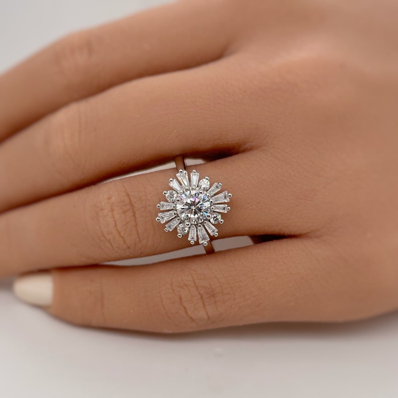 Art Deco Cluster Engagement Ring Baguette Cluster, Wedding Ring Simulated Diamond Flower engagement Ring Art Deco Snowflake Ring