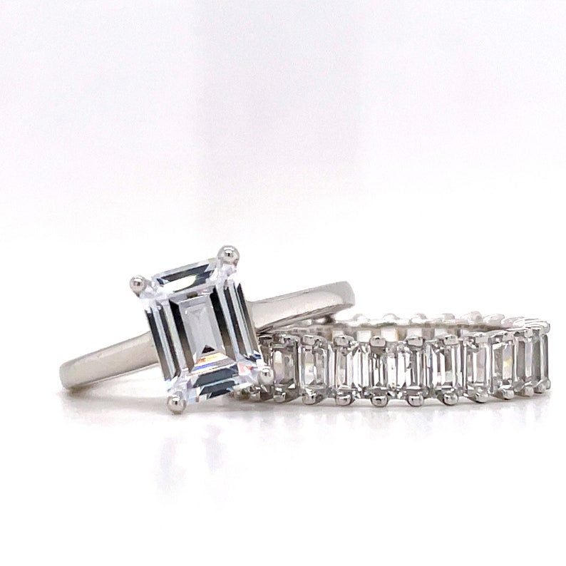 1.75ct Emerald Cut Engagement Ring Set, Baguette Band, Simulated Diamonds, Emerald Cut Set, Sterling Silver with Vermeil, Minimalist Set