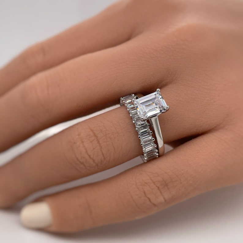 1.75ct Emerald Cut Engagement Ring Set, Baguette Band, Simulated Diamonds, Emerald Cut Set, Sterling Silver with Vermeil, Minimalist Set