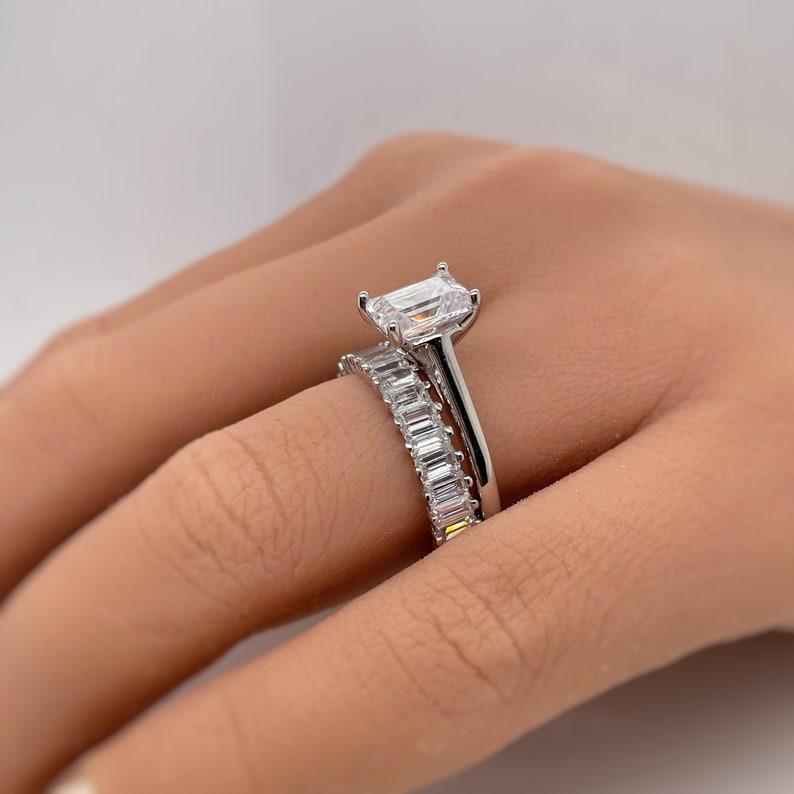 1.75ct Emerald Cut Engagement Ring Set, Baguette Band, Simulated Diamonds, Emerald Cut Set, Sterling Silver with Vermeil, Minimalist Set