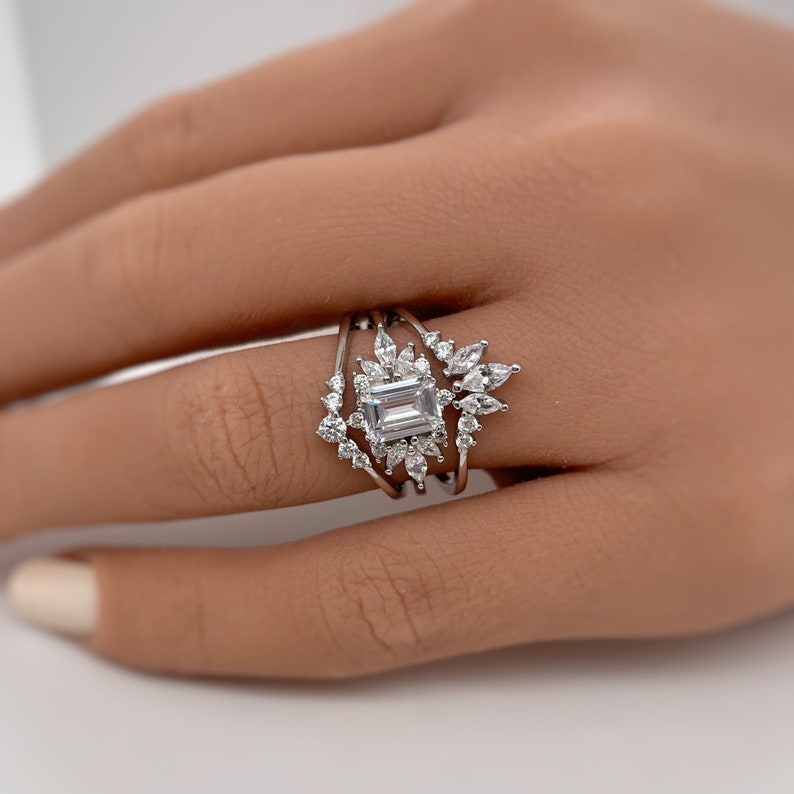 1.00ct Emerald Cut Ring Set, 3 Ring Set, Fitted Marquise V Bands, Simulated Diamonds, Sterling Silver with Vermeil, Minimalist Set