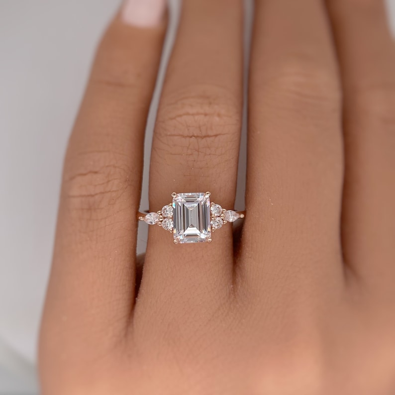 1.75ct Emerald Cut Moissanite Engagement Ring, Sterling Silver with Vermeil, Dainty Proposal Ring, Minimalist Engagement Ring Emerald Cut