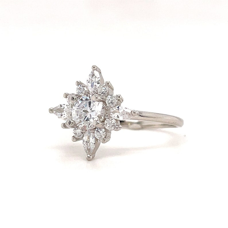 Starburst Moissanite Engagement Ring, Sparkle Dainty Ring, Star Ring, Art Deco Moissanite Ring, Flower Cluster Anniversary Ring, Bridal Ring