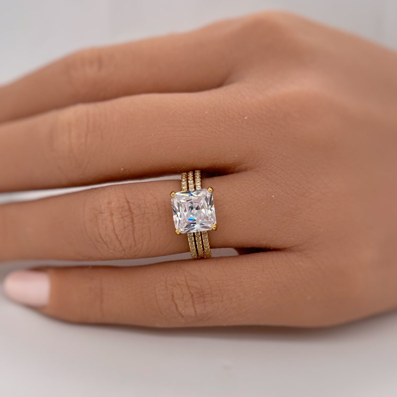 3.00ct Princess Cut Engagement Ring, 3 Ring Set, Square Hidden Halo Engagement Ring, Sterling Silver with Vermeil, Minimalist Set