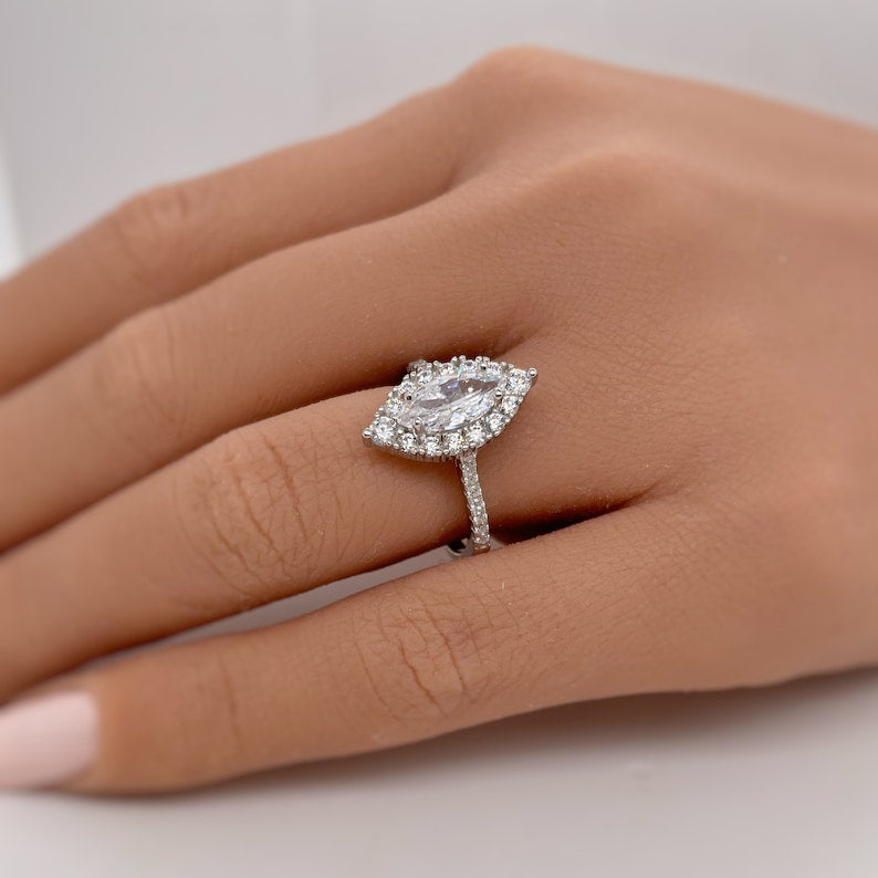 Marquise Diamond Engagement Ring, Marquise Halo Engagement Ring, Simple Minimalist Ring, Simulated Diamonds, Sterling Silver with Vermeil