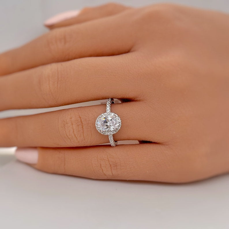 1.00ct Oval Engagement Ring, Oval Diamond Halo Wedding Ring, Sterling Silver, Classic Engagement Ring, Simple Dainty Oval Engagement Ring