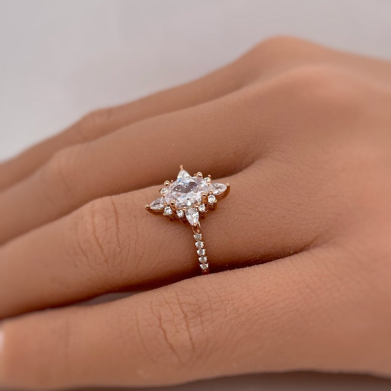 14K Starburst Diamond Engagement Ring, IGI Certified Diamond, 14K Gold, Vintage Dainty Ring, Art Deco Cluster Anniversary Ring,