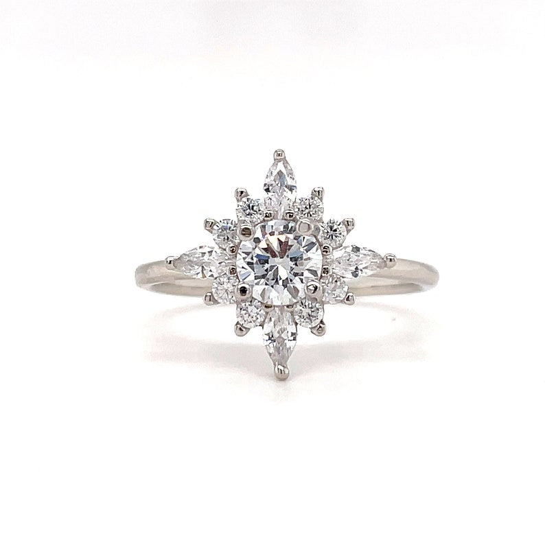 Starburst Moissanite Engagement Ring, Sparkle Dainty Ring, Star Ring, Art Deco Moissanite Ring, Flower Cluster Anniversary Ring, Bridal Ring