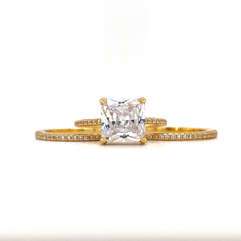3.00ct Princess Cut Engagement Ring, 3 Ring Set, Square Hidden Halo Engagement Ring, Sterling Silver with Vermeil, Minimalist Set