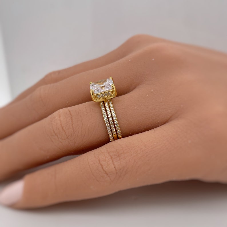 3.00ct Princess Cut Engagement Ring, 3 Ring Set, Square Hidden Halo Engagement Ring, Sterling Silver with Vermeil, Minimalist Set