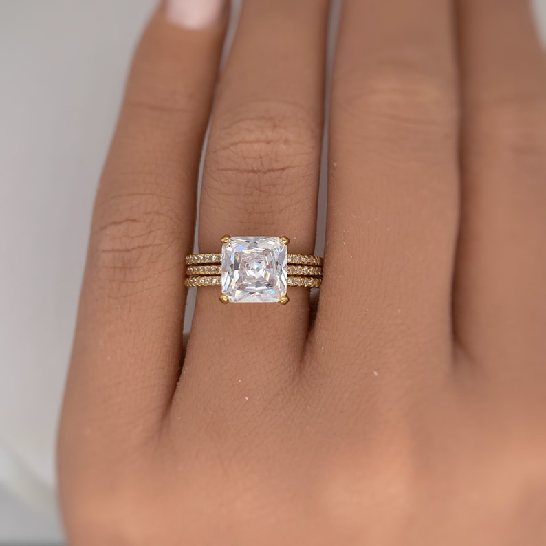 3.00ct Princess Cut Engagement Ring, 3 Ring Set, Square Hidden Halo Engagement Ring, Sterling Silver with Vermeil, Minimalist Set