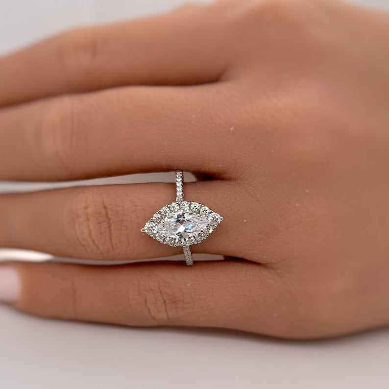 Marquise Diamond Engagement Ring, Marquise Halo Engagement Ring, Simple Minimalist Ring, Simulated Diamonds, Sterling Silver with Vermeil