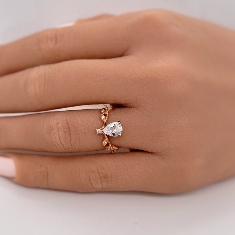 Art Deco Teardrop Ring, Leaf Pear Diamond Ring, Dainty Art Deco 0.75ct Teardrop Diamond Ring, Dainty Milgrain Ring, Sterling Silver