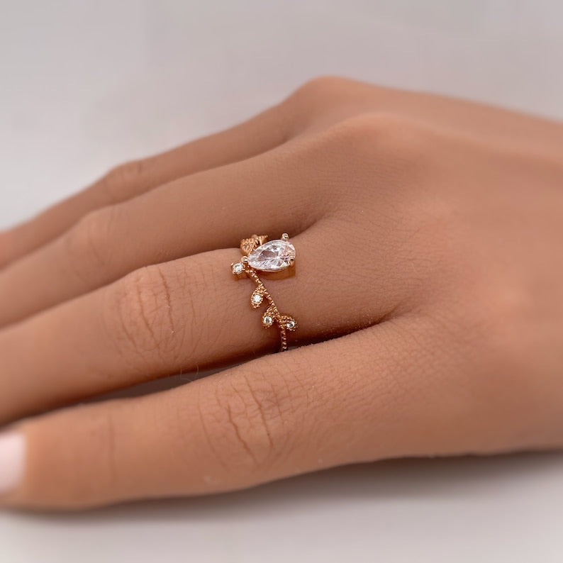 Art Deco Teardrop Ring, Leaf Pear Diamond Ring, Dainty Art Deco 0.75ct Teardrop Diamond Ring, Dainty Milgrain Ring, Sterling Silver