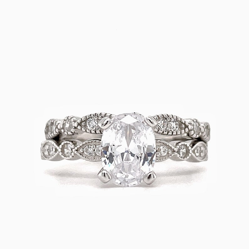 1.50ct Oval Art Deco Engagement Ring Set, Bridal Set, Simulated Diamonds in Sterling Silver with Art Deco Design