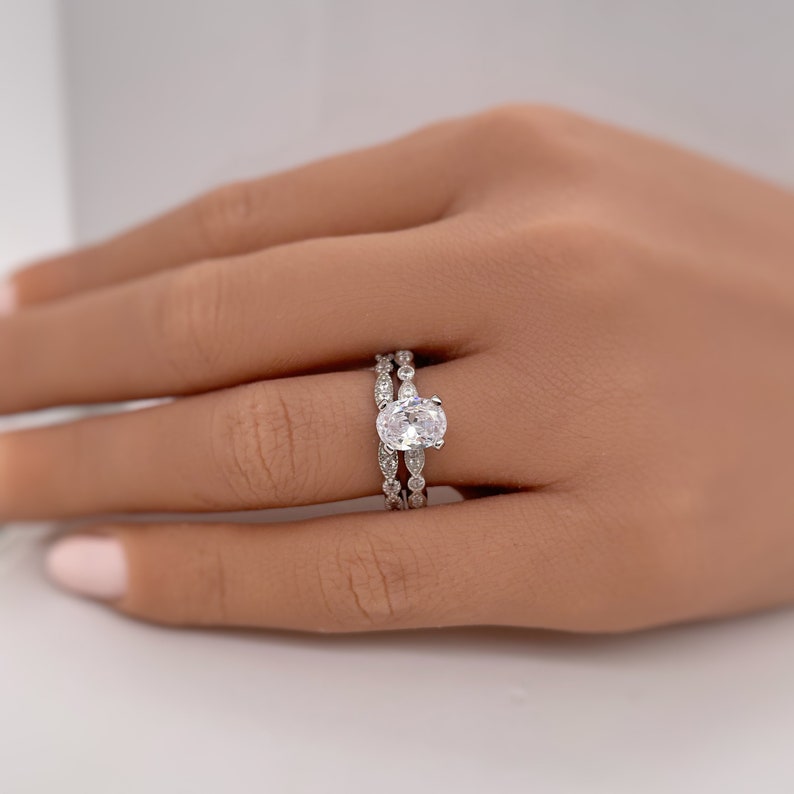 1.50ct Oval Art Deco Engagement Ring Set, Bridal Set, Simulated Diamonds in Sterling Silver with Art Deco Design