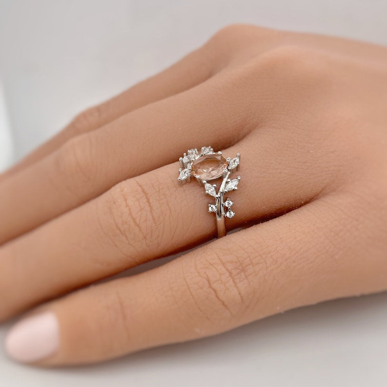 1.00ct Oval Morganite Leaf Ring, Art Deco Ring, Vine Ring, Oval Leaf Ring, Unique Engagement Ring, Marquise Leaf Simulated Morganite