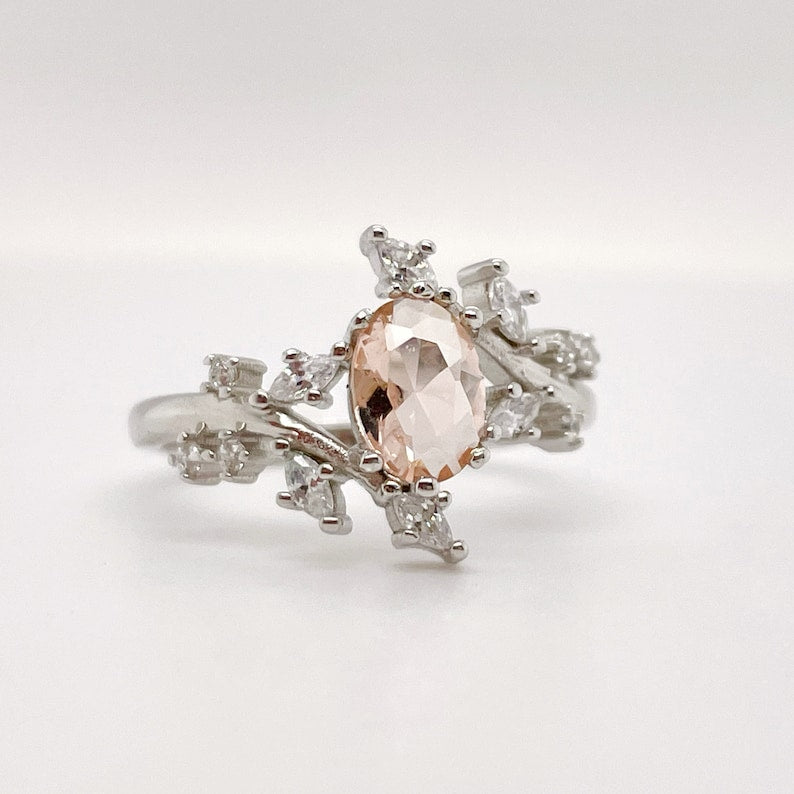 1.00ct Oval Morganite Leaf Ring, Art Deco Ring, Vine Ring, Oval Leaf Ring, Unique Engagement Ring, Marquise Leaf Simulated Morganite