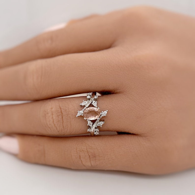 1.00ct Oval Morganite Leaf Ring, Art Deco Ring, Vine Ring, Oval Leaf Ring, Unique Engagement Ring, Marquise Leaf Simulated Morganite