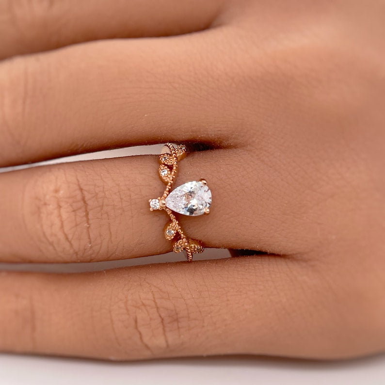 Art Deco Teardrop Ring, Leaf Pear Diamond Ring, Dainty Art Deco 0.75ct Teardrop Diamond Ring, Dainty Milgrain Ring, Sterling Silver