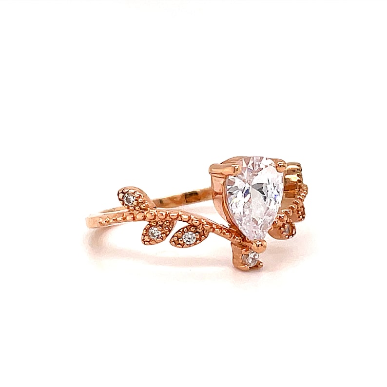 Art Deco Teardrop Ring, Leaf Pear Diamond Ring, Dainty Art Deco 0.75ct Teardrop Diamond Ring, Dainty Milgrain Ring, Sterling Silver
