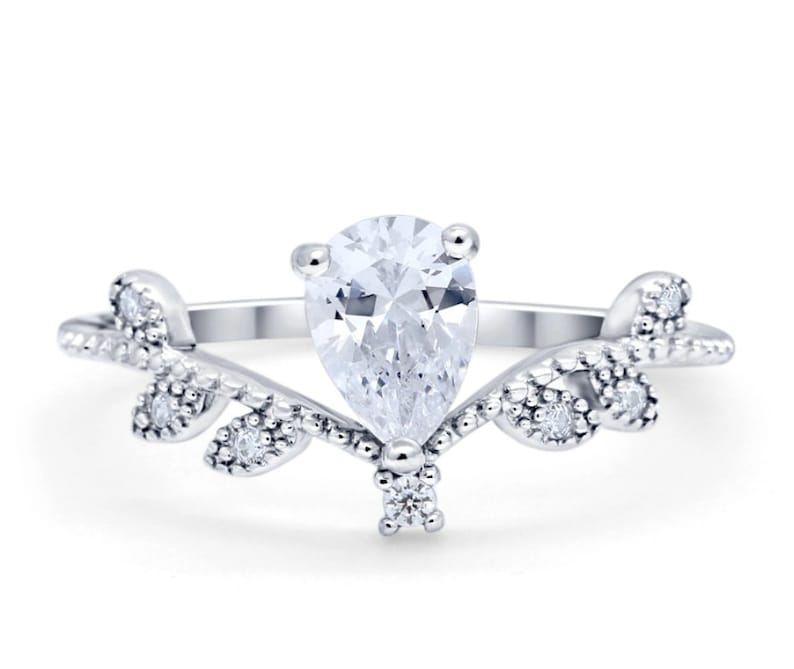 Art Deco Teardrop Ring, Leaf Pear Diamond Ring, Dainty Art Deco 0.75ct Teardrop Diamond Ring, Dainty Milgrain Ring, Sterling Silver