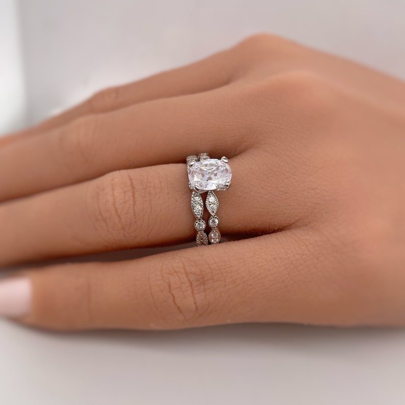 1.50ct Oval Art Deco Engagement Ring Set, Bridal Set, Simulated Diamonds in Sterling Silver with Art Deco Design
