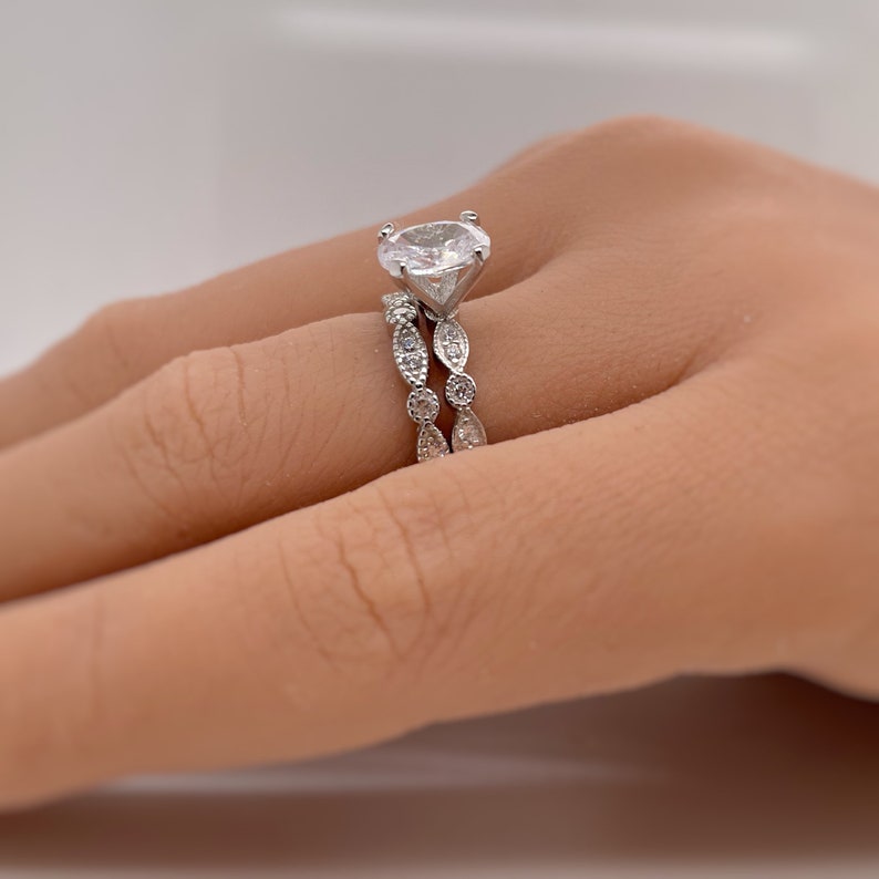 1.50ct Oval Art Deco Engagement Ring Set, Bridal Set, Simulated Diamonds in Sterling Silver with Art Deco Design