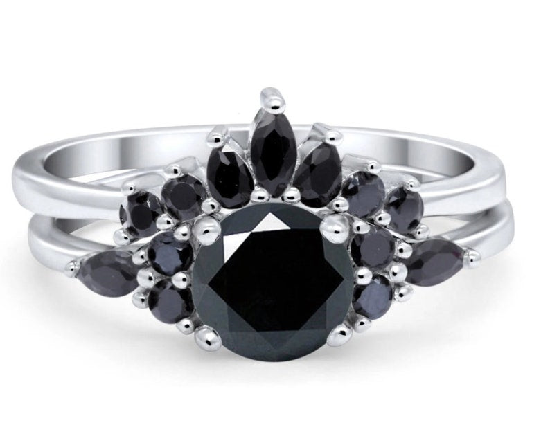 Art Deco Black Wedding Ring Set, Black Diamond Simulate, Vintage Set
