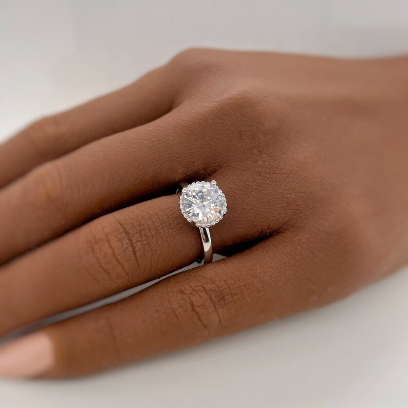 2.00ct Solitaire Engagement Ring, Beaded Halo, Hidden Halo Ring, Art Deco Solitaire Round Brilliant, Milgrain Halo